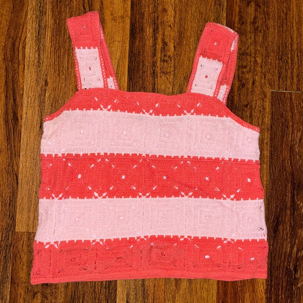 Crown & Ivy Womens Pink Coral Crochet Knit Striped Tank Top Square Neck Medium